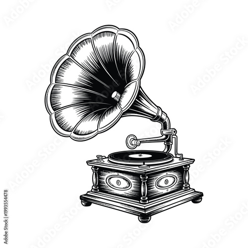 A vintage gramophone illustration with detailed linework depicts a classic music player