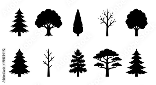 Minimalist tree silhouettes set, 10 black forest nature icons, flat vector pine and deciduous tree shapes for landscape design and environmental graphics