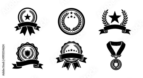 Vintage award badges and laurel wreaths set, black trophy medals with ribbons and stars, 6 vector seal icons for certification and achievement