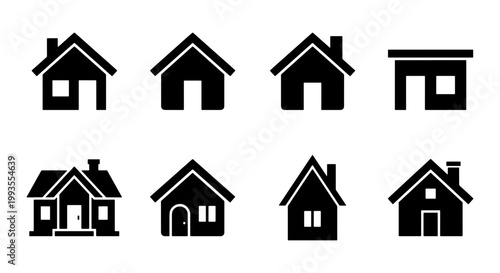 Minimalist house icon set, black silhouette home symbols for real estate, collection of 8 flat vector building signs for web and app interface