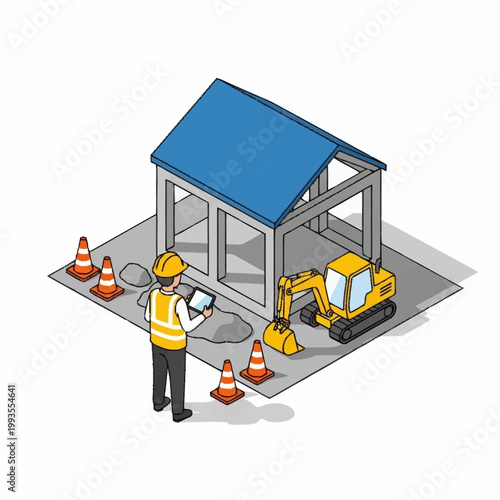 Construction worker with tablet inspects building site with excavator and safety cones.
