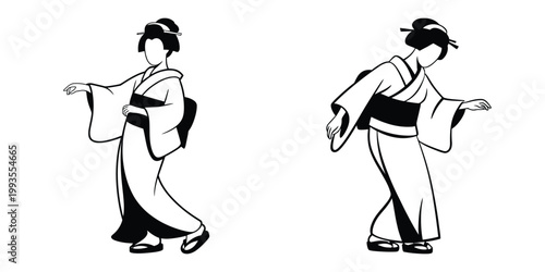 Traditional Japanese Woman Dancing in Kimono – Graceful Geisha Style Performance, Elegant Asian Culture Illustration in Minimalist Black and White Vector Art