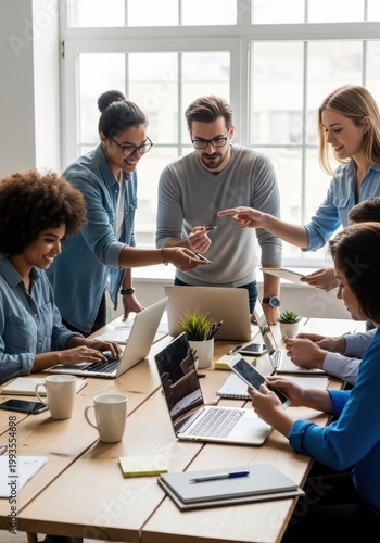 Diverse professionals collaborate during a team meeting in a bright modern office.
