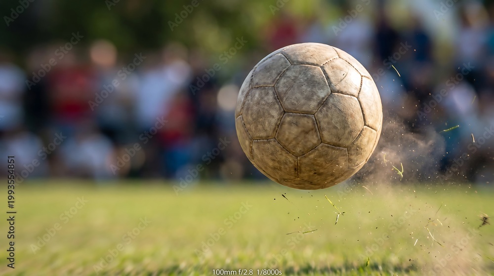 Fototapeta premium A soccer ball flies through the air on a green field during a sports event with spectators.
