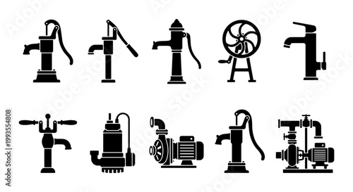 Vintage water pump icons set, antique hand pump silhouettes and modern electric motor pumps, 10 black vector plumbing equipment symbols for industrial design