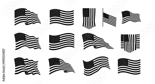 American flag vector icons set, black and white waving USA flags collection, patriotic United States national symbols for Fourth of July and Memorial Day