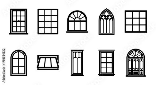 Architectural window icons set, 10 black line vector house window frames, classic and gothic building exterior elements for construction design