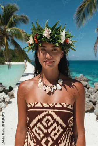 A young woman with a flower crown and shell necklace stands on a tropical beach.