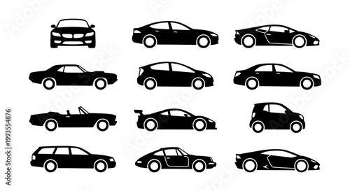 Black car silhouettes collection, set of 12 vehicle icons including sedan, sports car, and suv, flat vector automotive transport graphics