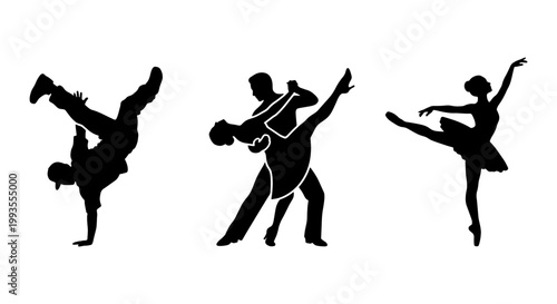 Black dance silhouettes set, breakdance ballroom and ballet dancer icons, professional performers in motion, minimalist vector dance collection