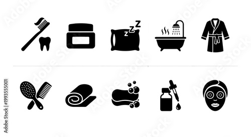 Morning routine icons set, black bathroom and personal care vector symbols, daily hygiene and wellness collection for web design