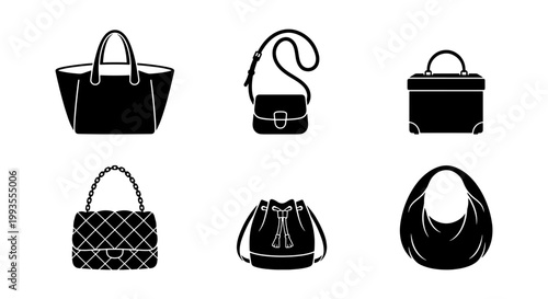 Minimalist handbag icon set, 6 black vector fashion bag silhouettes, stylish female accessories collection for retail and e-commerce design