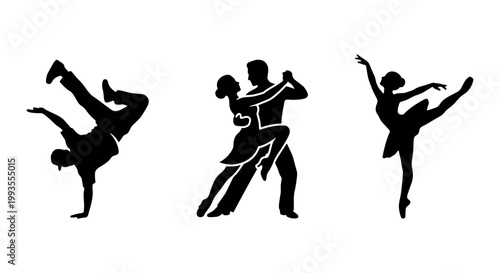 Dancing silhouettes collection, breakdance and ballroom dance vector set, elegant ballet dancer and hip hop performer icons for studio branding