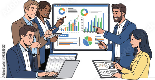 Professionals collaborate on data analysis strategies during a team.