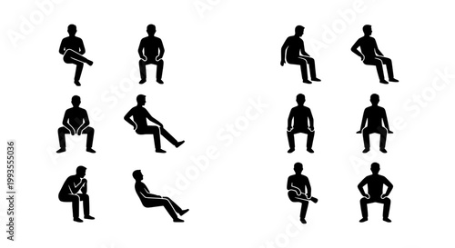 Sitting people silhouettes set, collection of 10 black vector human figures in various seated poses, male character icons for architectural visualization