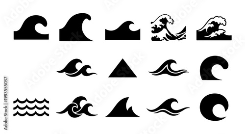 Ocean wave icon set with 14 black vector silhouettes, minimalist sea water ripple symbols, decorative surf and tide graphic elements for branding