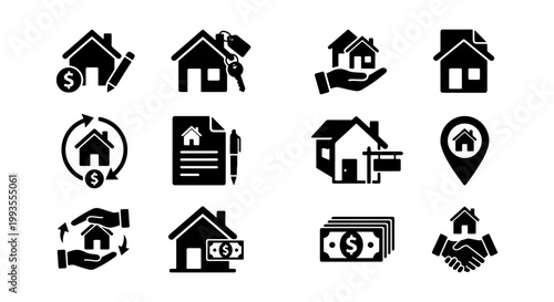 Real estate icons set, black house mortgage and property investment symbols, 12 vector elements for banking and home buying services