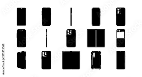 Minimalist smartphone silhouette icons, 15 mobile phone vector set, black cellphone mockups for UI design, modern digital device wireframes
