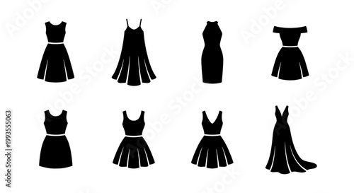 Fashion dress silhouette icons set, black female apparel vector collection, elegant evening gown and cocktail dress illustrations for retail