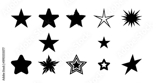 Black star silhouette collection, set of 12 decorative star icons and symbols, hand drawn and geometric star shapes for graphic design and branding