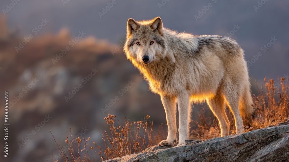 Fototapeta premium Majestic wolf standing on rock