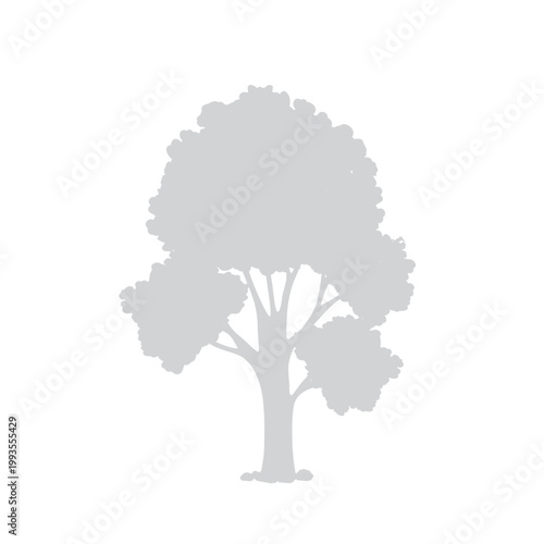 Minimalist grey silhouette of a lush deciduous tree with a thick leafy canopy and sturdy trunk isolated on white background.

