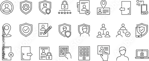 User security and authentication line icon set featuring login protection identity verification access control and data privacy vector illustration