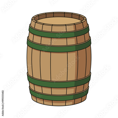 A cartoon illustration depicts a classic wooden barrel with green metal bands
