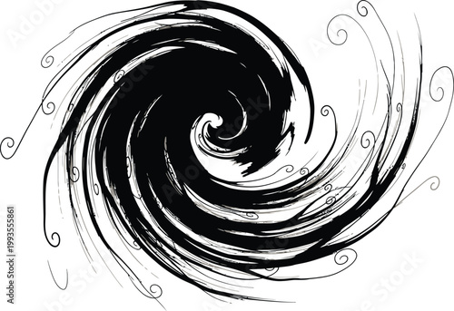 Abstract Black Ink Vortex with Elegant Hand-Drawn Spirals and Zen Swirl Texture.eps