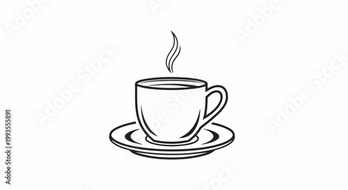 A black and white line drawing of a steaming coffee cup and saucer
