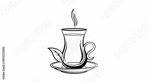 A black and white illustration of a glass of hot tea with steam and a leaf