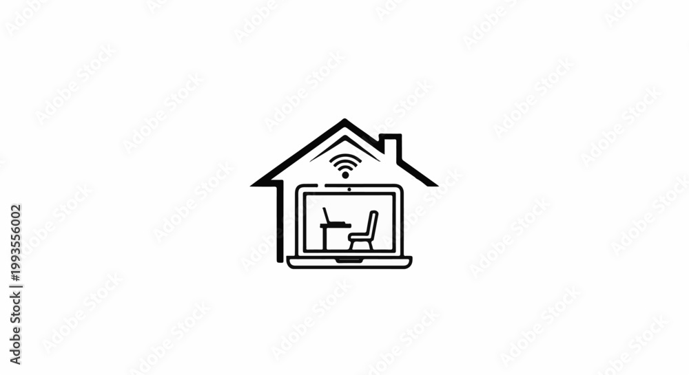 Fototapeta premium A house silhouette contains a laptop, chair, desk, and Wi-Fi symbol