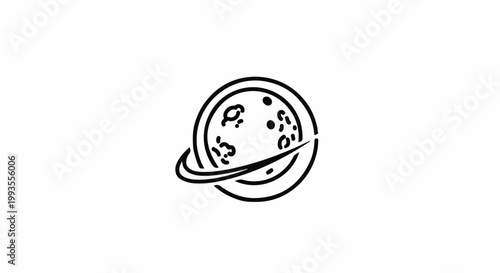A minimalist graphic of a planet with craters and a ring