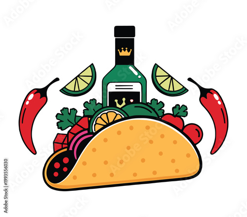 A vibrant taco is filled with ingredients next to a bottle of tequila and chilis.