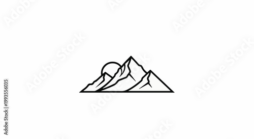 A minimalist line art depiction of rugged mountain peaks partially obscured by a rising sun
