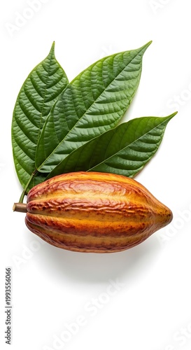 Ripening fruit of a tropical plant rests beside its vibrant green foliage against a stark white backdrop