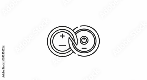 Abstract outline of two intertwined circles, one with plus/minus, other with eye