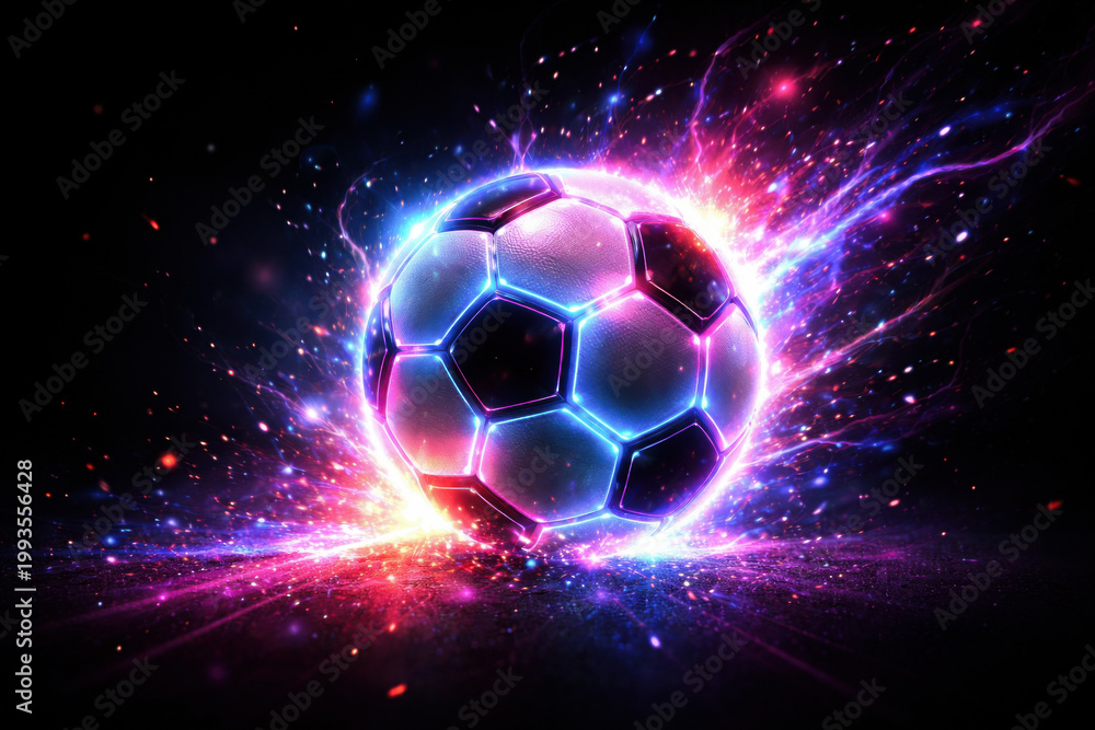 Fototapeta premium Closeup of a football surrounded by vibrant neon energy trails, creating a dynamic and futuristic sports concept with motion and power.