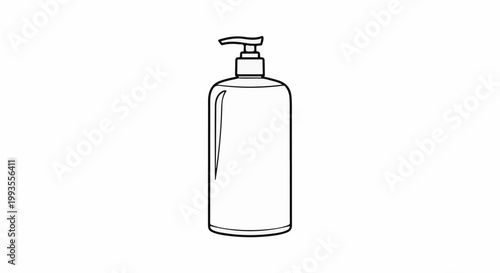 Line art of a tall, clear bottle with a pump dispenser, filled with liquid