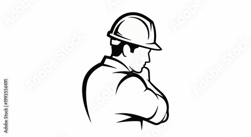 Thoughtful construction worker in hard hat, focused on task at hand