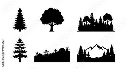 Black forest tree silhouettes, set of 6 nature landscape vector icons, pine and oak tree shapes, mountain and wilderness scenery graphics