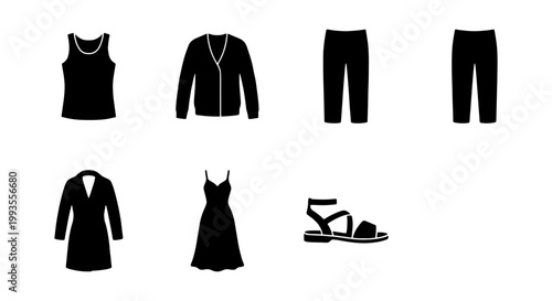 Minimalist black clothing icons set, 7 fashion apparel vector elements, modern female wardrobe silhouettes, casual outfit and footwear symbols