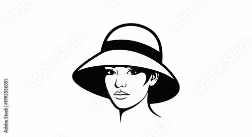 Black and white illustration of a woman in a wide-brimmed hat