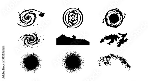 Abstract black ink silhouettes of cosmic galaxies and celestial shapes, set of 9 hand-drawn vector icons, artistic ink splatter and stipple textures