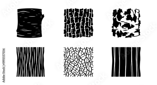 Natural tree bark texture set, 6 black and white wood surface patterns, organic timber skin vector icons, rustic forest material background elements