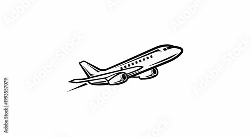 Stylized black and white drawing of a commercial jetliner in mid-flight ascent