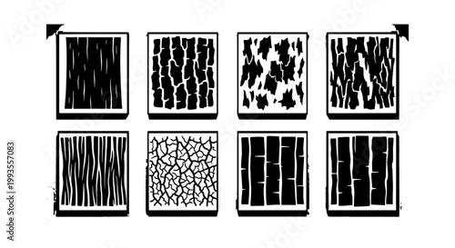Natural wood bark texture vector set, organic tree trunk skin patterns, 8 rustic timber surface swatches, black and white botanical woodgrain elements