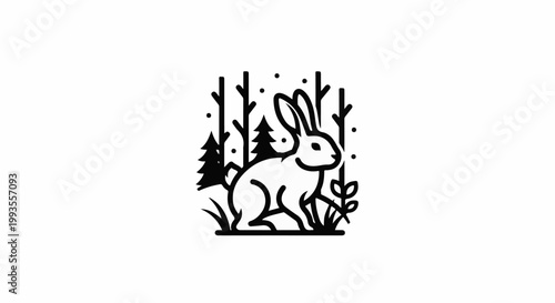 A stylized bunny sits in a woodland clearing with sparse trees