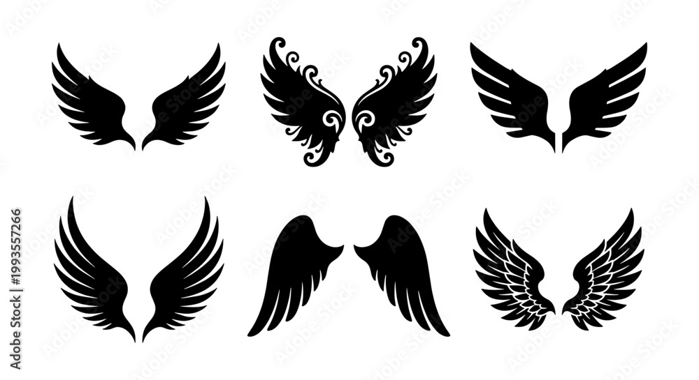 Obraz premium Black wing silhouettes set, 6 pairs of decorative bird and angel wings, tribal and heraldic wing vector icons for logo design and tattoos