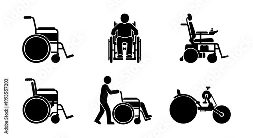 Wheelchair icon set with 6 vector elements, disability mobility equipment symbols, medical healthcare accessibility signs for hospital and clinic wayfinding